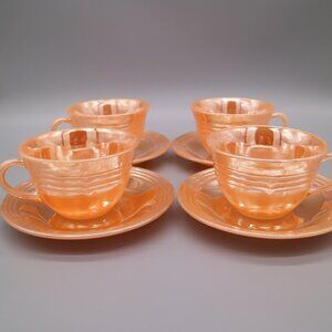 Vintage Anchor Hocking Fire King Peach Lustre Teacup and Saucer Sets Three Ring